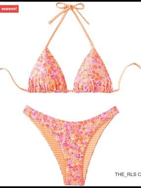 Floral Striped Bikini Set Halter String Thong Swimsuit High Cut